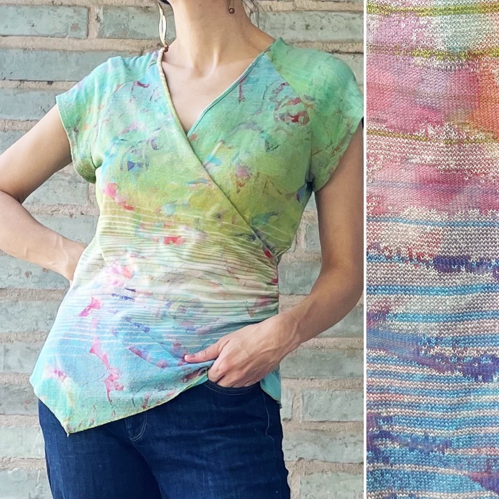 Sno Skins Top Y2K Wrap Surplice Asymmetric Stretch Knit Abstract Green Vintage